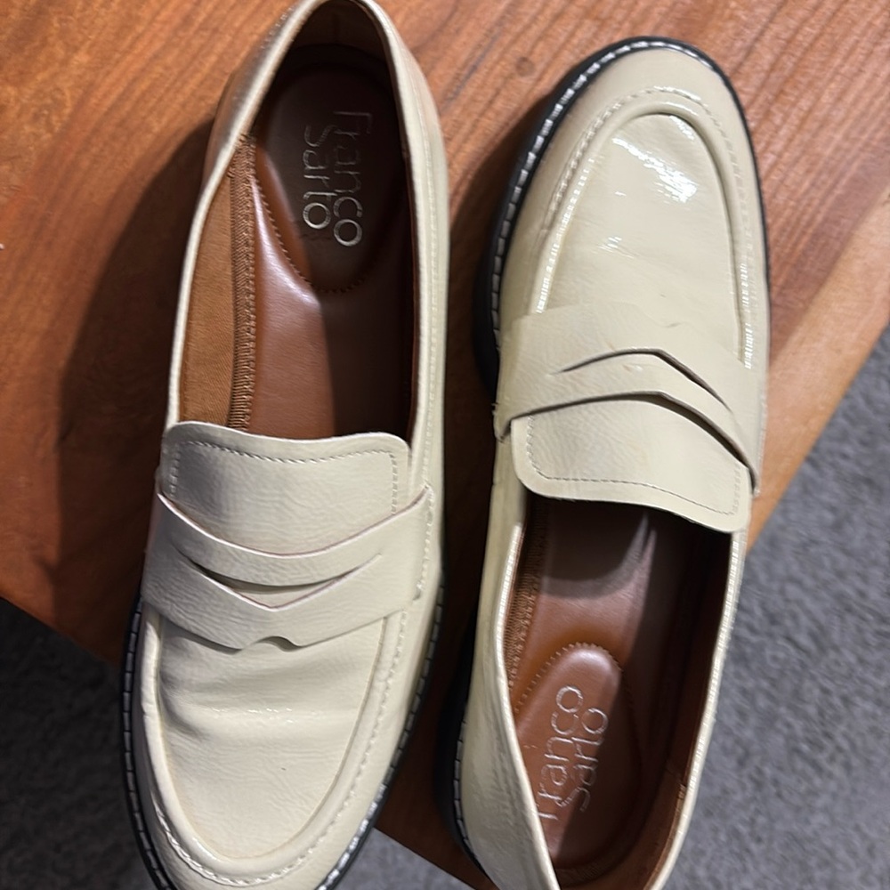 Franco Sarto Cream Patent Leather Penny Loafers